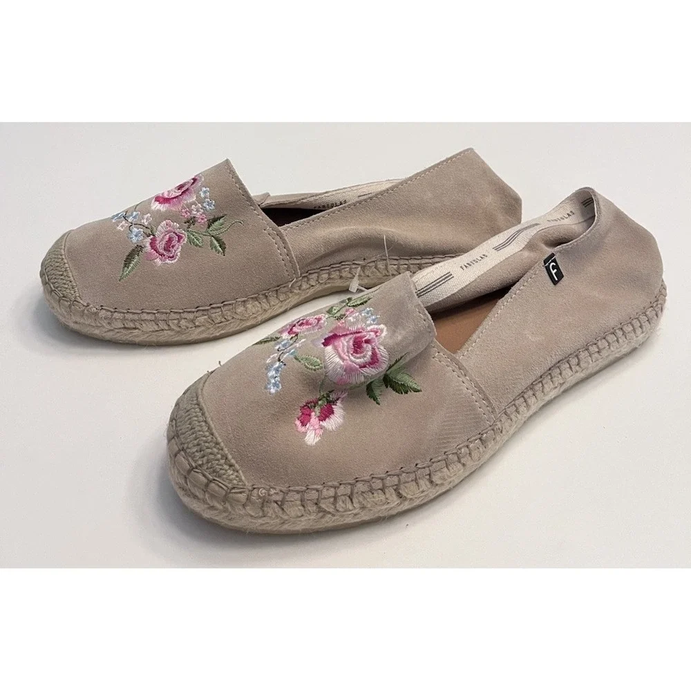New FABIOLAS Sz 9 40 Espadrilles Suede Embroidered Flats Beige Tan Anthropologie